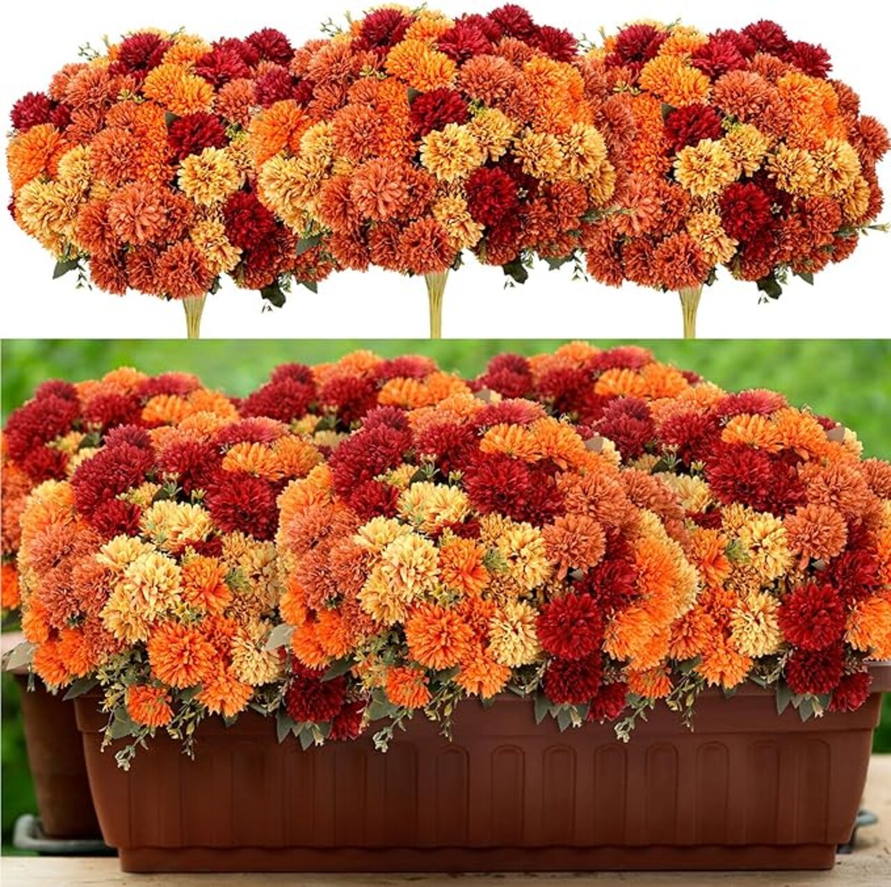 12 Pcs Artificial Fall Flowers, Faux Silk Chrysanthemum Mums Bouquet in Burnt Orange, Red and Yellow for Vase Arrangements, Autumn Wedding, Thanksgiving, Home and Table Centerpiece Decor